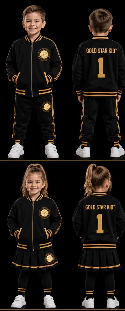 Gold Star Preschool cool weather jacket and jogging pants shown in complete front and back views