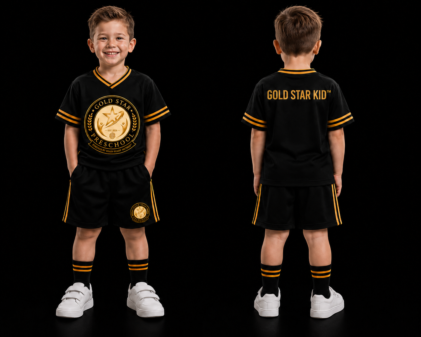 Gold Star Preschool jersey with shorts shown in front and back views