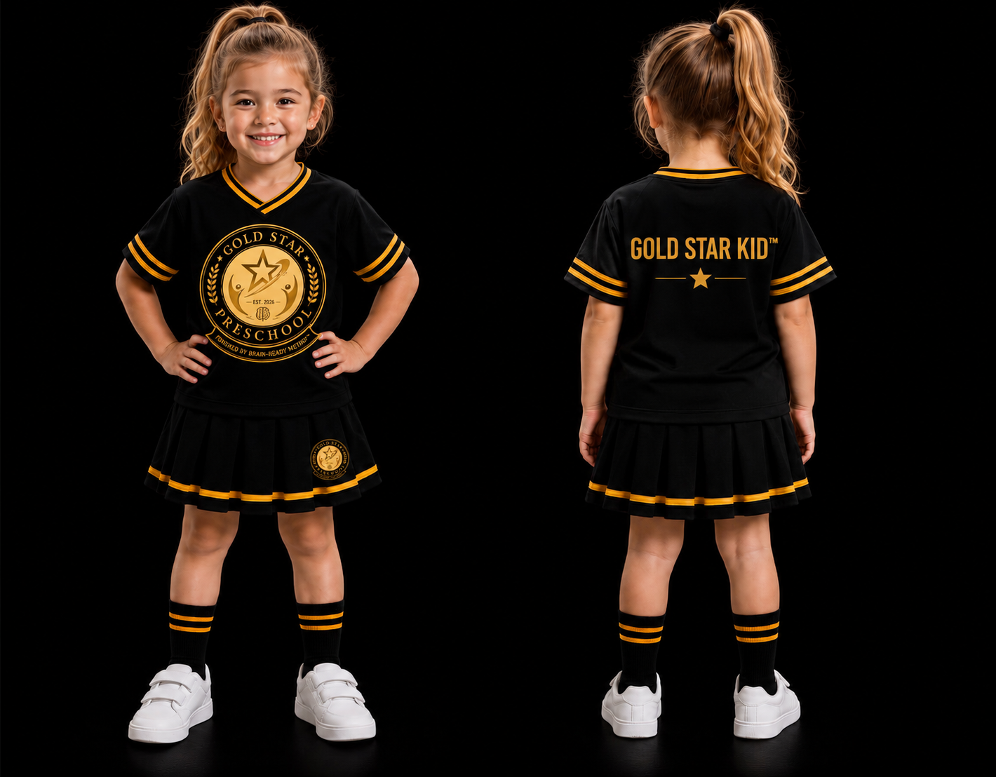 Gold Star Preschool jersey with skirt shown in front and back views