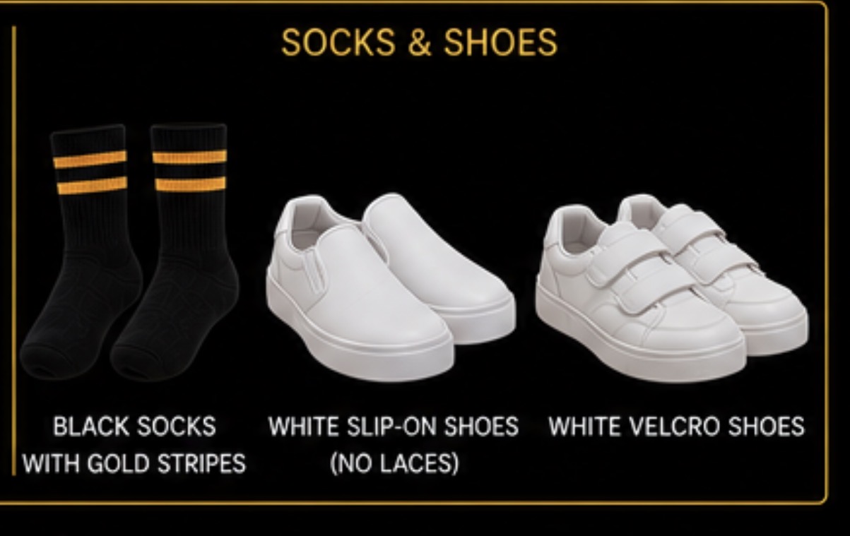 Black and gold socks with white preschool shoes